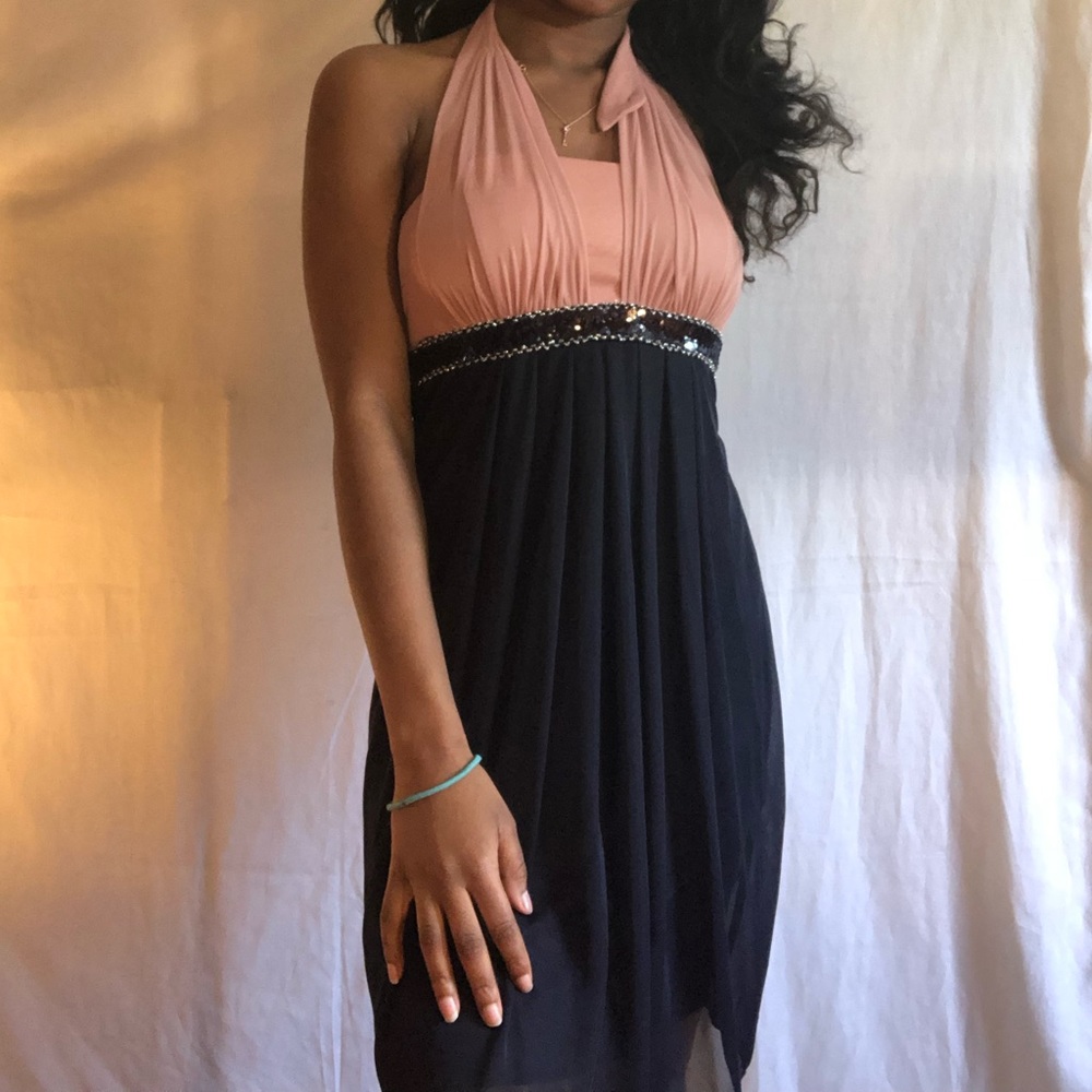 Tan and navy blue dress